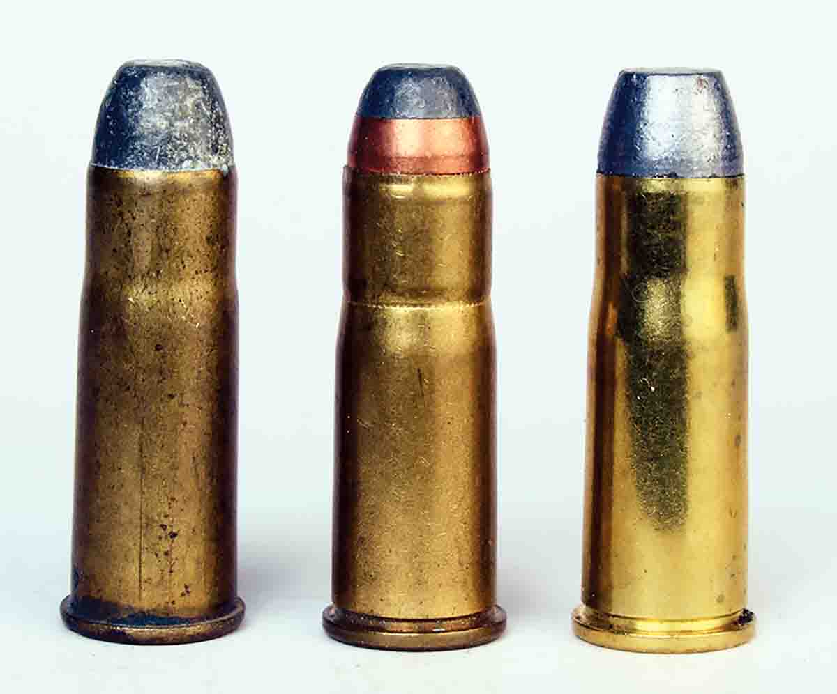 Factory .38-40 ammunition has gone through three basic stages (left to right): the REM-UMC 180-grain lead roundnose/flatpoint over black powder, then the Winchester 180-grain JSP over smokeless and more recently, the Black Hills’ 180-grain lead roundnose/flatpoint over smokeless powders.